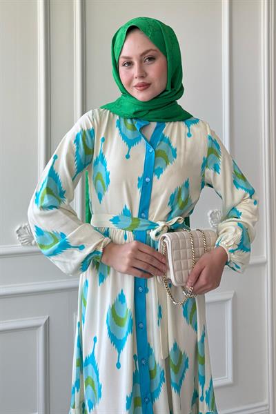 İkat Desen Turkuaz Viskon Elbise