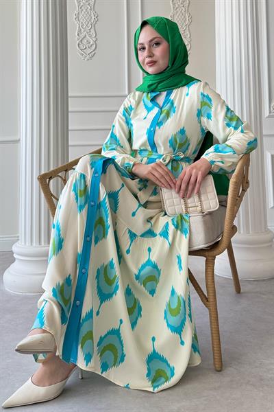 İkat Desen Turkuaz Viskon Elbise