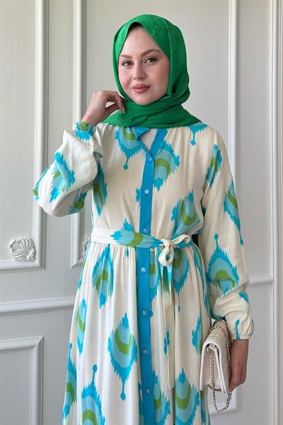 İkat Desen Turkuaz Viskon Elbise