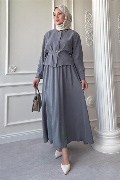 İnce Kemerli Etekli Gri Takım