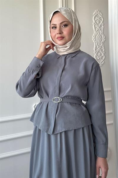 İnce Kemerli Etekli Gri Takım