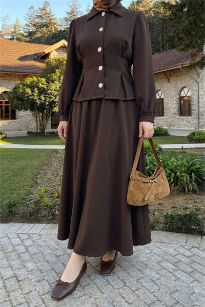 İnce Kemerli Gömlek Etek Acı Kahve Duble Takım