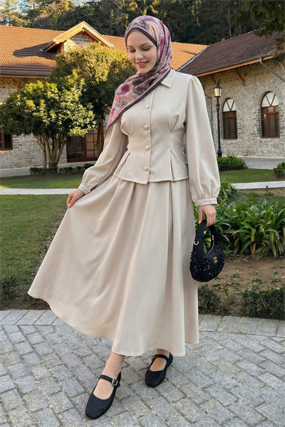 İnce Kemerli Gömlek Etek Bej Duble Takım