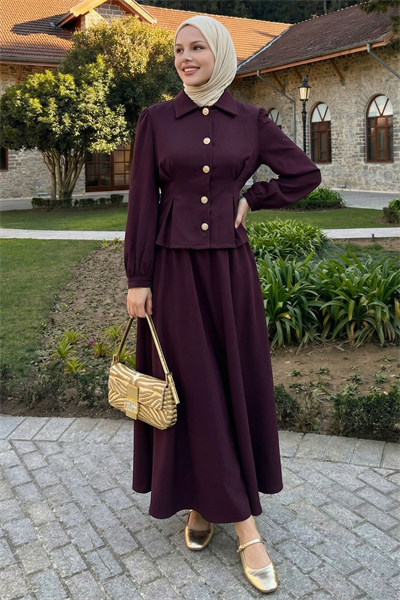 İnce Kemerli Gömlek Etek Mürdüm Duble Takım