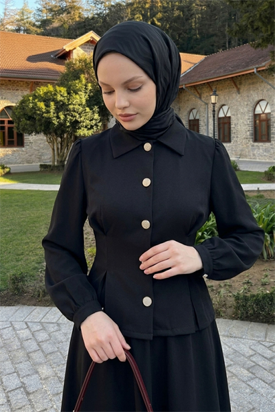 İnce Kemerli Gömlek Etek Siyah Duble Takım