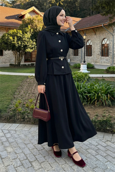 İnce Kemerli Gömlek Etek Siyah Duble Takım
