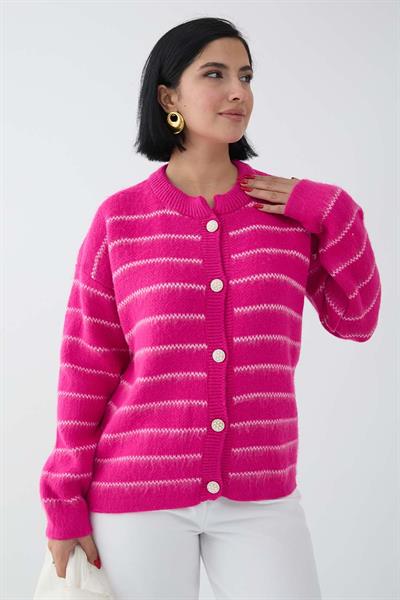 İnce Şeritli Fuşya Triko Hırka