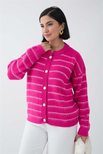 İnce Şeritli Fuşya Triko Hırka