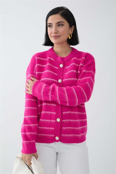 İnce Şeritli Fuşya Triko Hırka