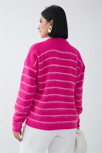 İnce Şeritli Fuşya Triko Hırka