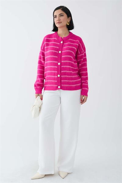 İnce Şeritli Fuşya Triko Hırka