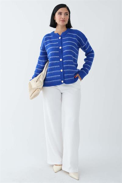 İnce Şeritli Saks Mavisi Triko Hırka