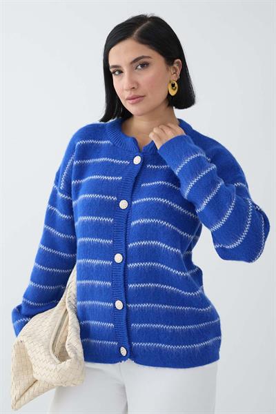 İnce Şeritli Saks Mavisi Triko Hırka