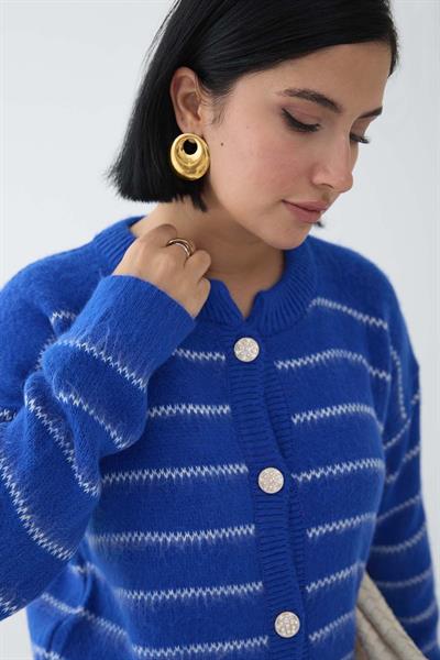 İnce Şeritli Saks Mavisi Triko Hırka