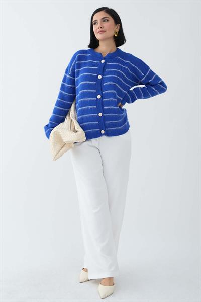 İnce Şeritli Saks Mavisi Triko Hırka