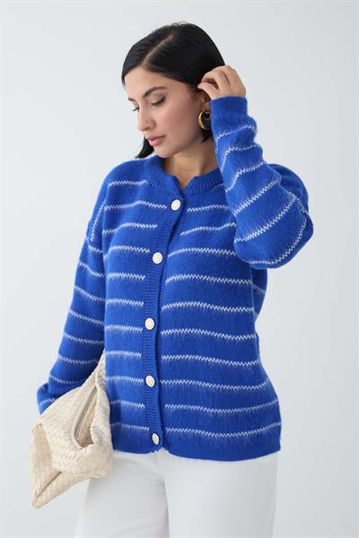 İnce Şeritli Saks Mavisi Triko Hırka