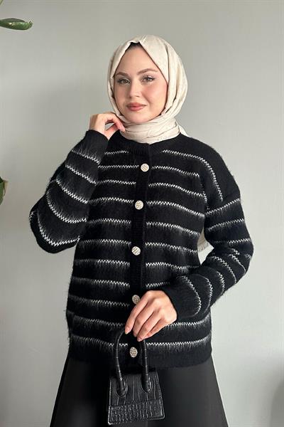 İnce Şeritli Siyah Triko Hırka