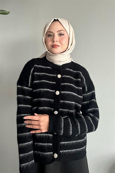 İnce Şeritli Siyah Triko Hırka