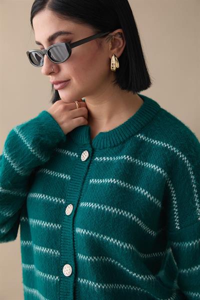 İnce Şeritli Zümrüt Triko Hırka