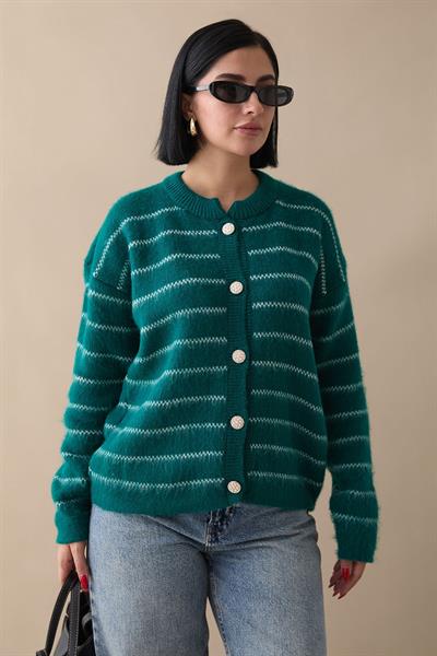 İnce Şeritli Zümrüt Triko Hırka