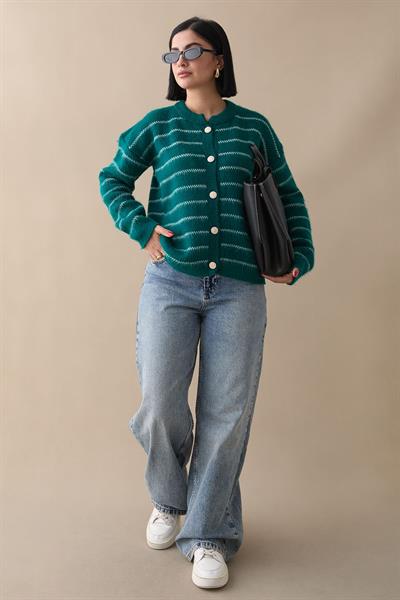 İnce Şeritli Zümrüt Triko Hırka