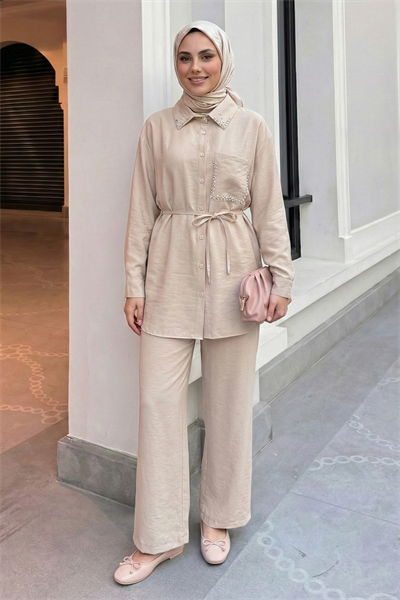 İnci Taşlı Bej Modal Takım