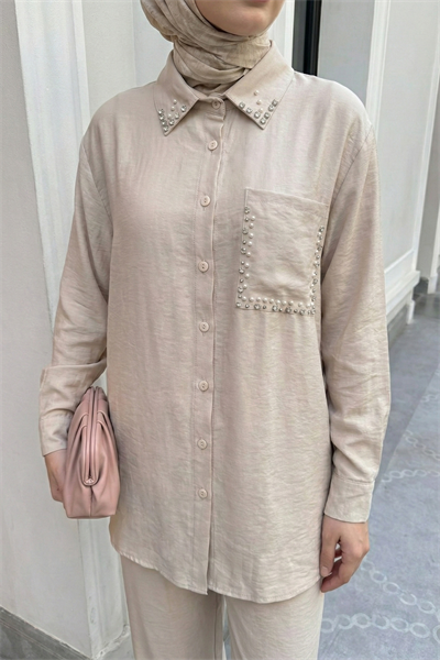 İnci Taşlı Bej Modal Takım