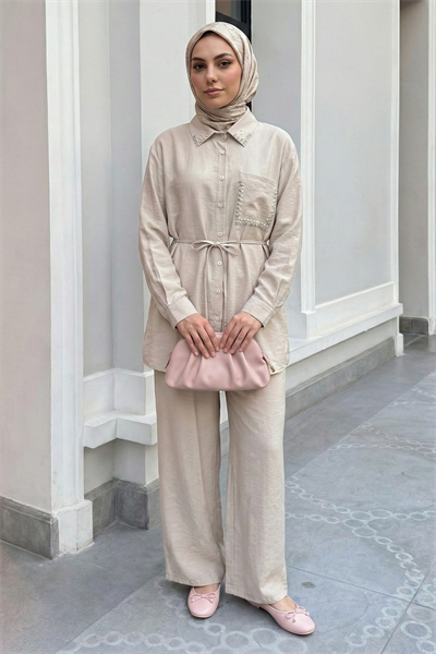 İnci Taşlı Bej Modal Takım