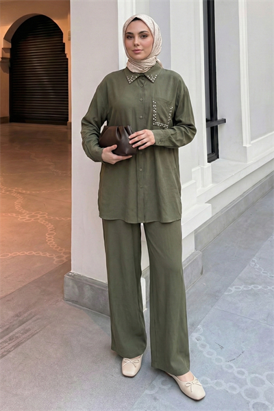 İnci Taşlı Haki Modal Takım