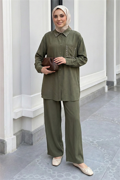 İnci Taşlı Haki Modal Takım