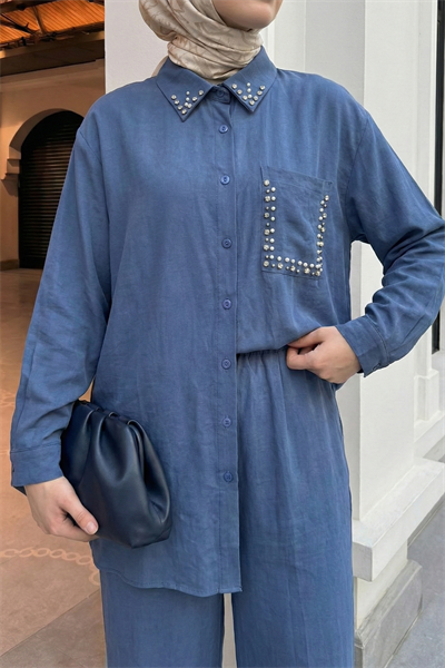 İnci Taşlı İndigo Modal Takım