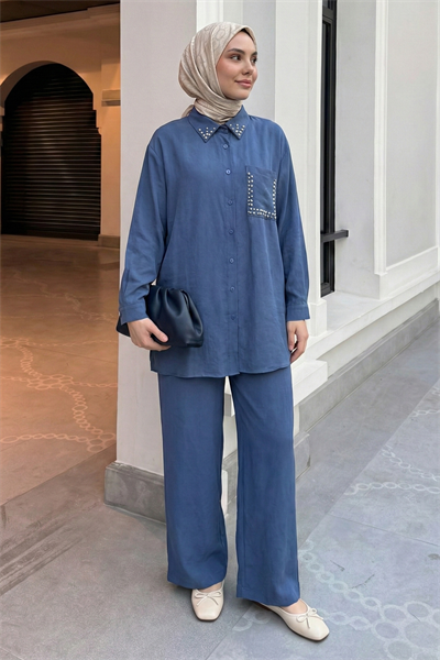 İnci Taşlı İndigo Modal Takım