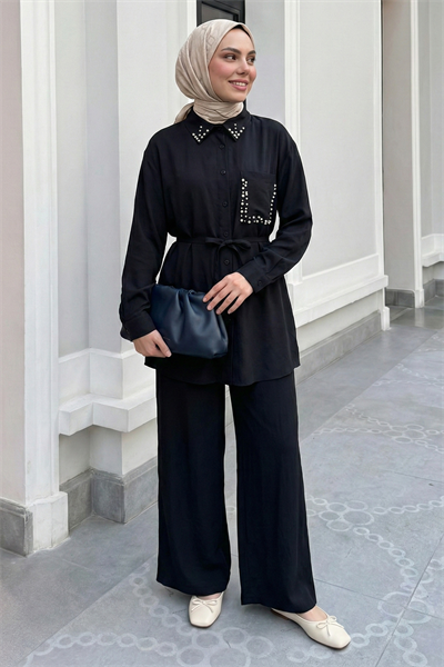 İnci Taşlı Siyah Modal Takım