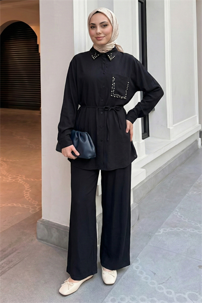 İnci Taşlı Siyah Modal Takım