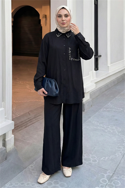 İnci Taşlı Siyah Modal Takım