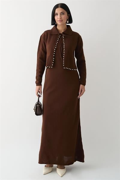 İncili Bolerolu Acı Kahve Triko Takım