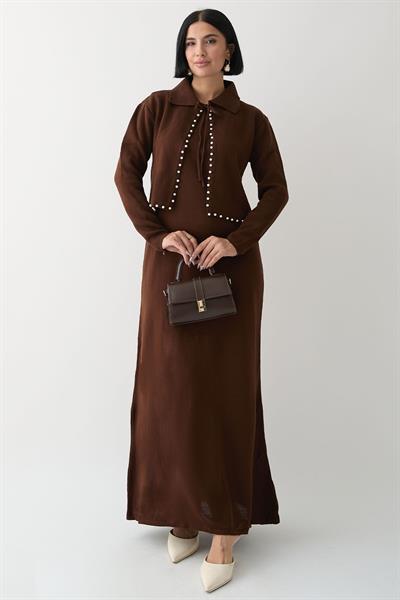 İncili Bolerolu Acı Kahve Triko Takım