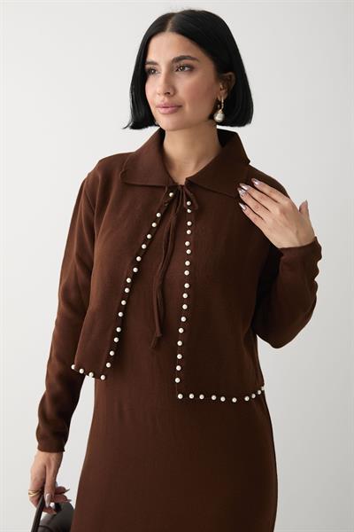 İncili Bolerolu Acı Kahve Triko Takım