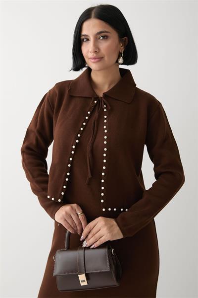 İncili Bolerolu Acı Kahve Triko Takım