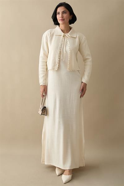 İncili Bolerolu Bej Triko Takım