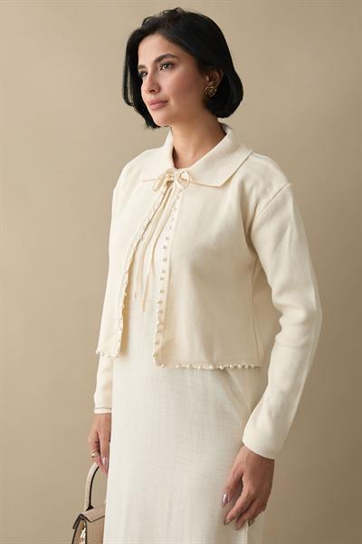 İncili Bolerolu Bej Triko Takım