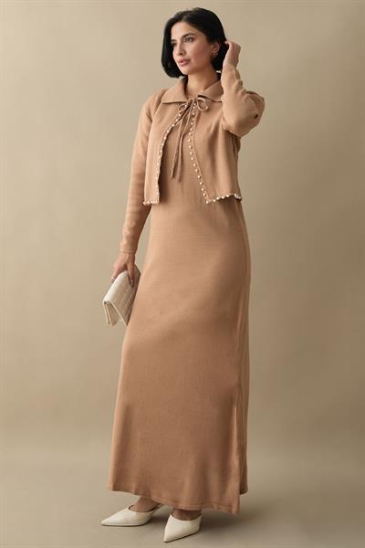 İncili Bolerolu Camel Triko Takım