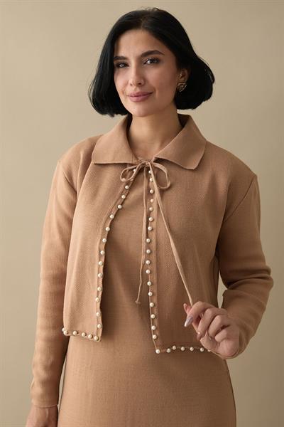 İncili Bolerolu Camel Triko Takım