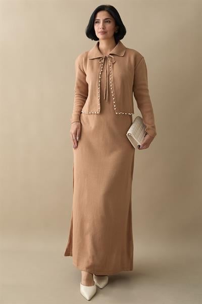 İncili Bolerolu Camel Triko Takım