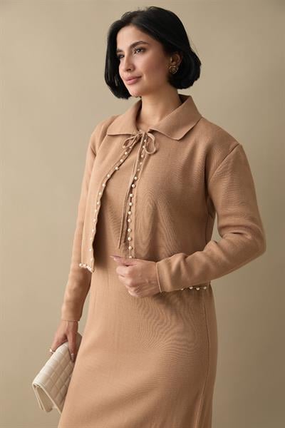 İncili Bolerolu Camel Triko Takım