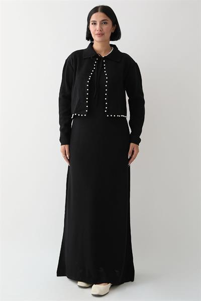 İncili Bolerolu Siyah Triko Takım