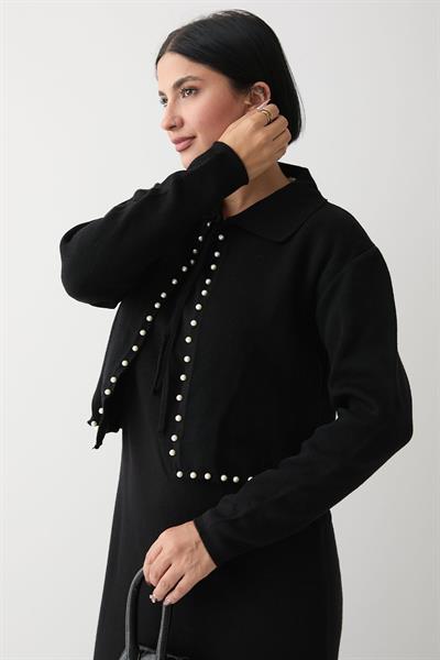 İncili Bolerolu Siyah Triko Takım