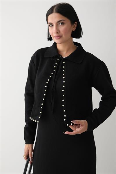 İncili Bolerolu Siyah Triko Takım