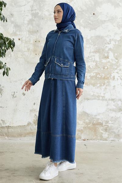 İncili Etekli Takım - Koyu Mavi