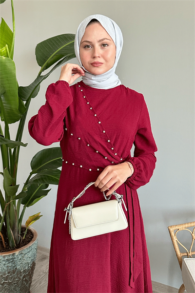 İncili Önü Bağlamalı Bordo Ayrobin Elbise